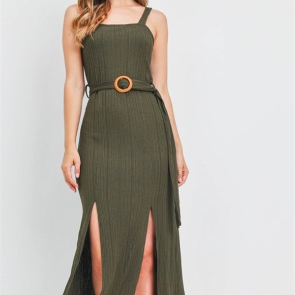 Olive Belted ribbed Dress - Picture 2 of 14
